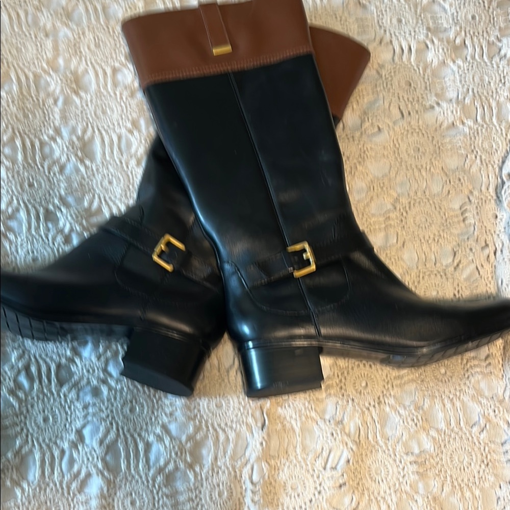 Bandolino Black and Brown Heeled Boots with Classic Equestrian Style